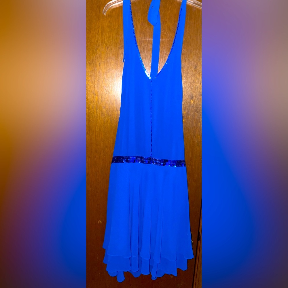London Times Backless Cocktail Dress - Chiffon and Sequins with Tie Neck Straps